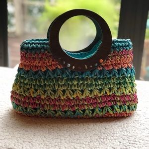 Rainbow Straw Bag with Beaded Wood Handle